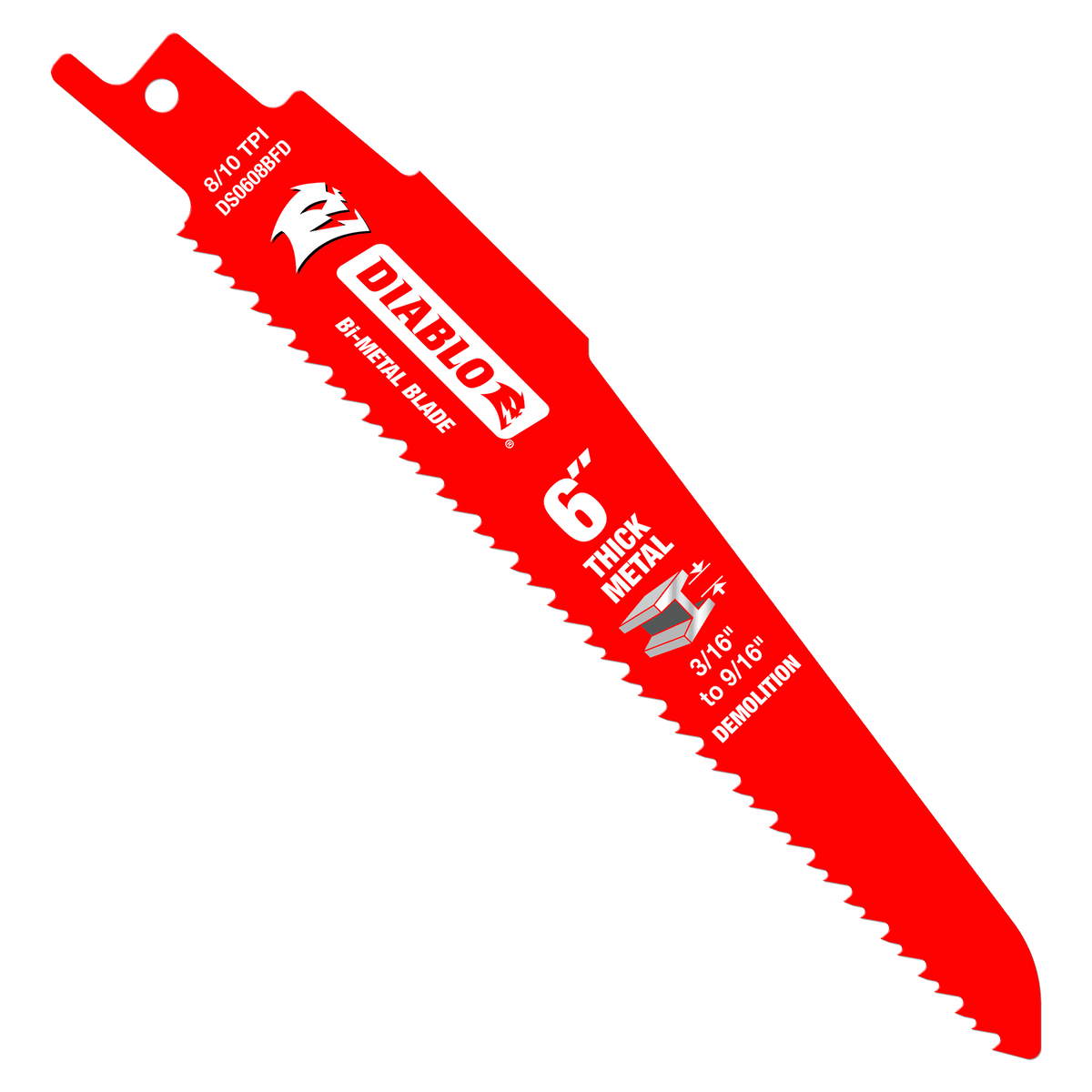 Diablo® DS0608BFD5 Maximum Performance Reciprocating Saw Blade, 6 in L, 8/10 TPI, Bi-Metal Body