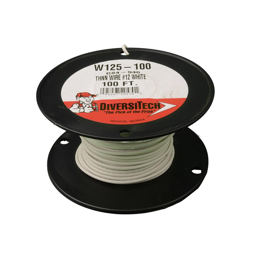Diversitech W125-100 Type THHN Wire, Spool Packaging, 600 VAC, 12 AWG Stranded Copper Conductor, 100 ft L, White