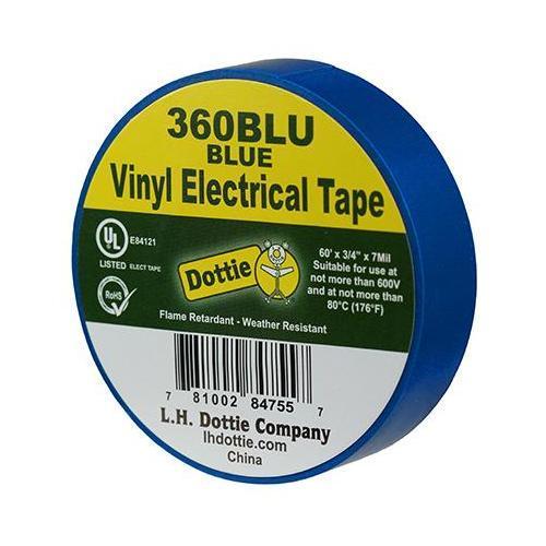 Dottie® 360BLU Color Coding Economy Industrial Electrical Tape, 60 ft L x 3/4 in W, 7 mil THK, PVC, Rubber Adhesive, Blue