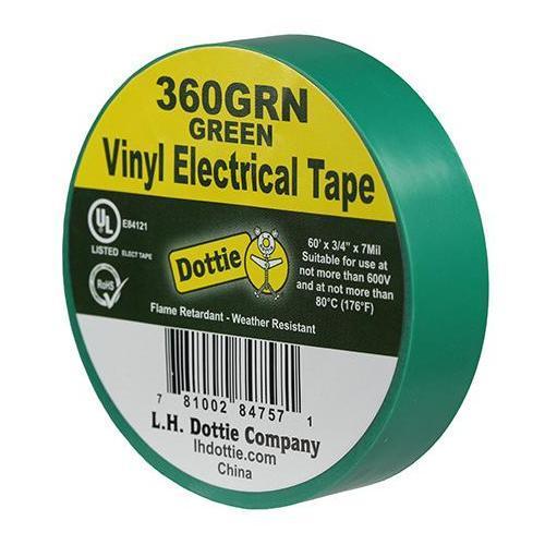 Dottie® 360GRN Color Coding Economy Industrial Electrical Tape, 60 ft L x 3/4 in W, 7 mil THK, PVC, Rubber Adhesive, Green