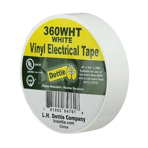 Dottie® 360WHT Color Coding Economy Industrial Electrical Tape, 60 ft L x 3/4 in W, 7 mil THK, PVC, Rubber Adhesive, White