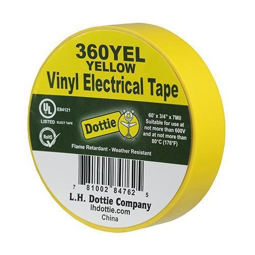 Dottie® 360YEL Color Coding Economy Industrial Electrical Tape, 60 ft L x 3/4 in W, 7 mil THK, PVC, Rubber Adhesive, Yellow