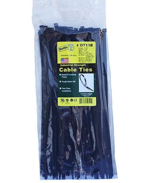 Dottie® DT11B 1-Piece Bent Tip Standard Duty Cable Tie, 11-1/4 in L x 0.18 in W x 0.052 in THK, Nylon, UV Black