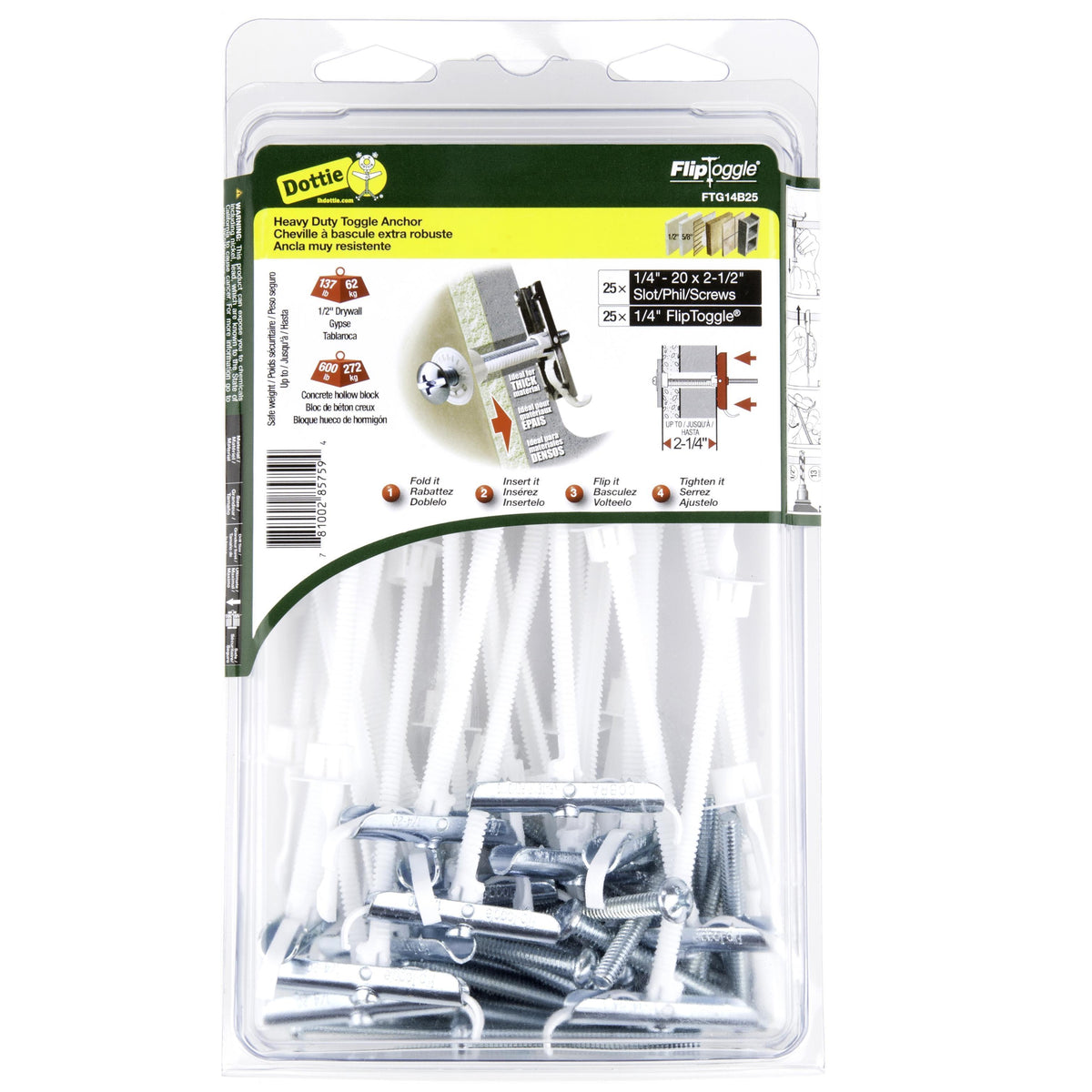Flip Toggle Kit - 1/4" Dia Anchor - Metal/Nylon