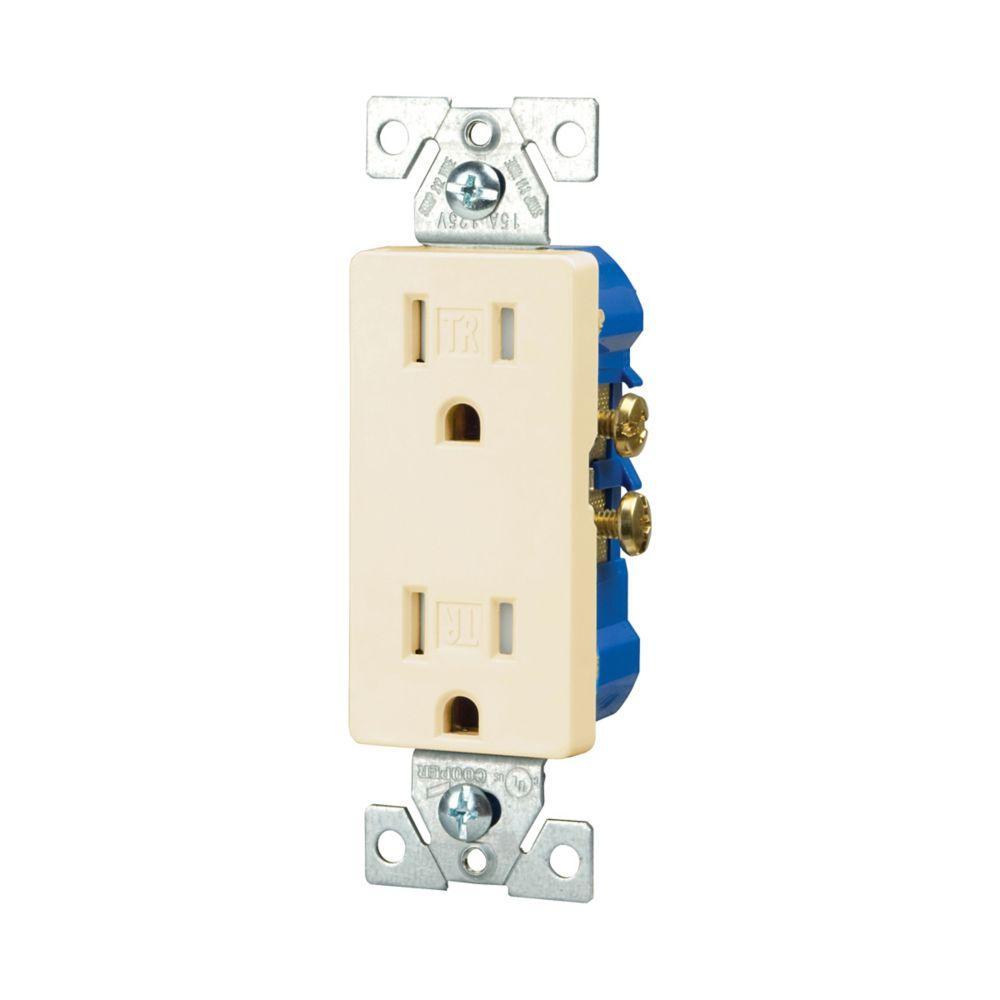 EATON TR1107LA Duplex Decorator Straight Blade Tamper Resistant Grounding Receptacle, 125 V AC, 15 A, 2 Poles, 3 Wires, Light Almond