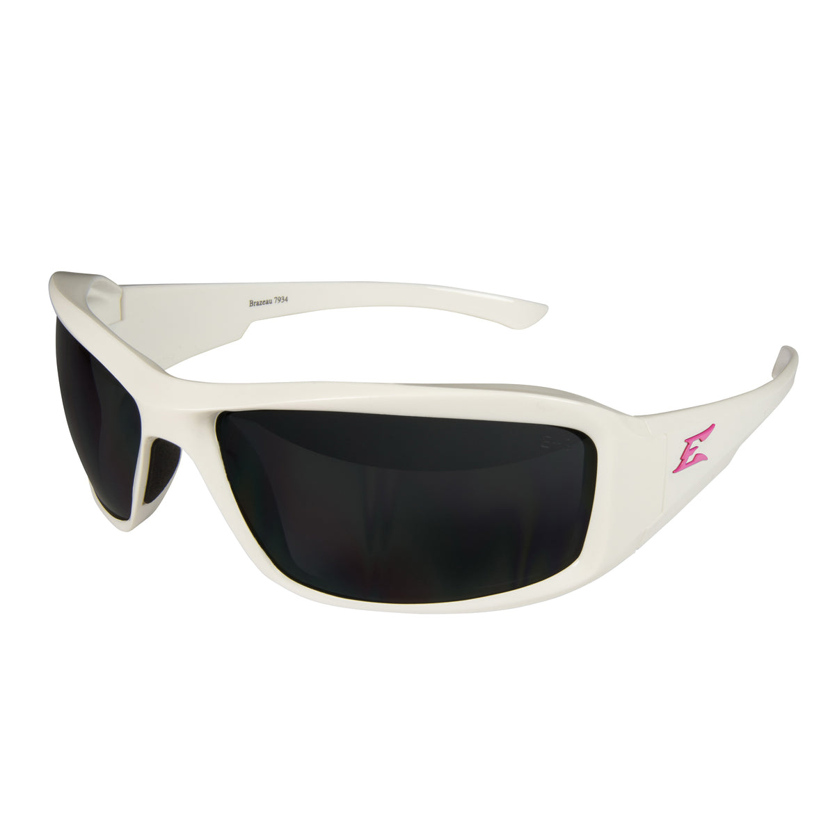 EDGE® XB146-E6 Brazeau Unisex Safety Glasses With Pink E Logo, Anti-Scratch, Smoke Lens, Full-Frame Frame, White, Nylon Frame, Polycarbonate Lens, ANSI/ISEA Z87.1+2015, MCEPS GL-PD 10-12