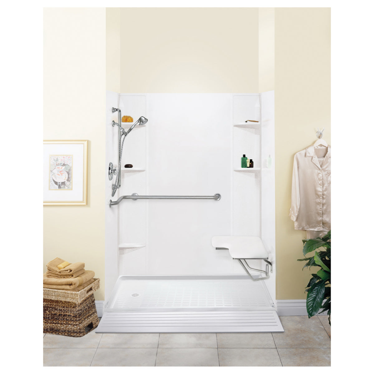 ELM® 360R Barrier-Free Shower Floor, CareGiver®, White, Right Drain, 30 in L x 60 in W, Domestic