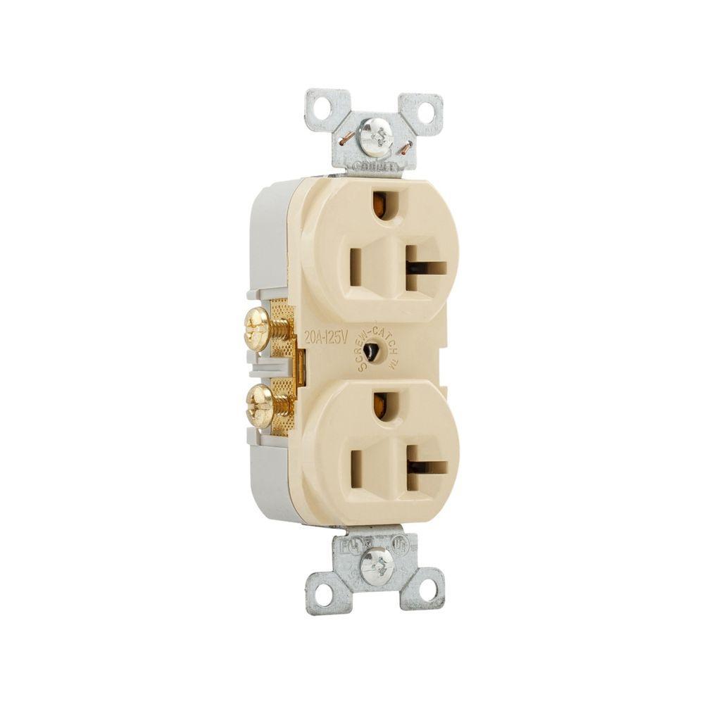 EATON Arrow Hart™ Eaton Wiring Devices CR20V CR20 Duplex Straight Blade Receptacle, 125 V AC, 20 A, 2 Poles, 3 Wires, Ivory