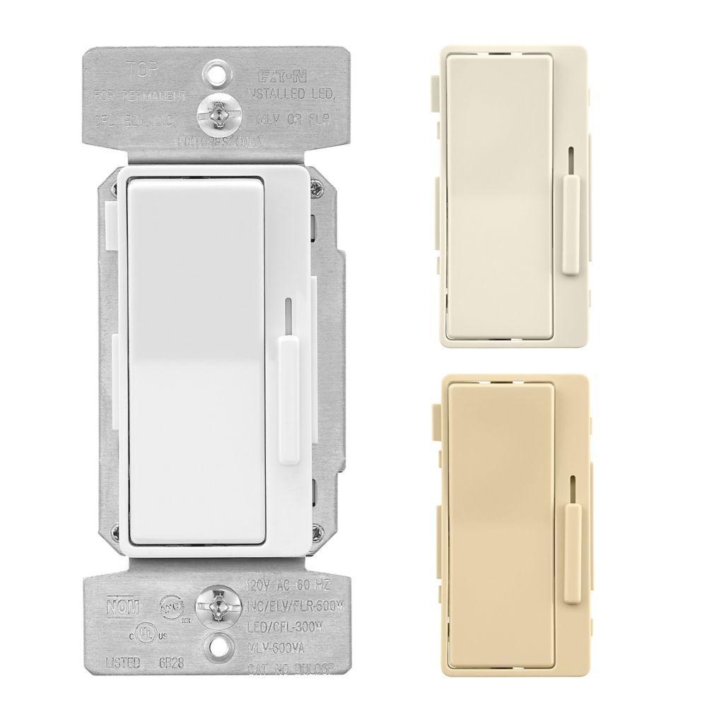 EATON DUL06P-C2 Universal Decorator Dimmer Switch With Preset, 120 V AC, 1 Poles, Ivory/Light Almond/White