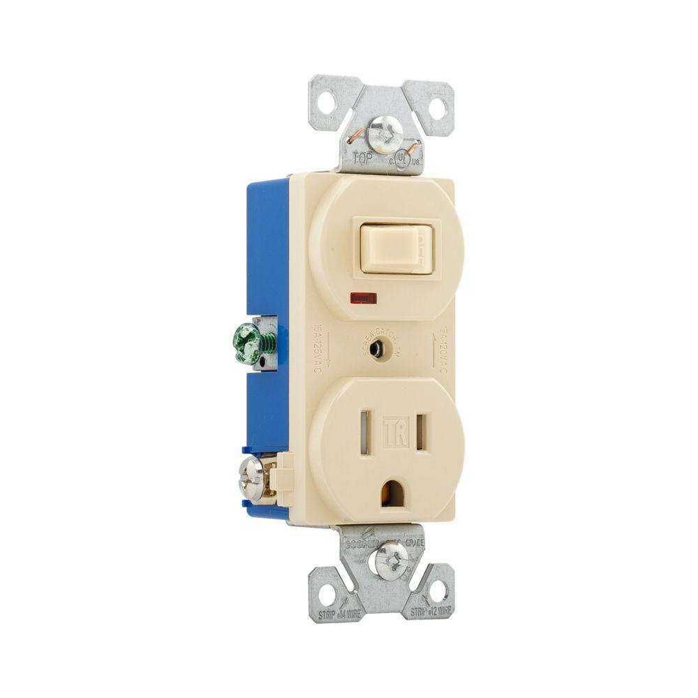EATON Arrow Hart™ TR274V Duplex Tamper-Resistant Toggle Straight Blade Combination Switch and Receptacle, 15 A, 125 V AC, 1/2 Poles, 3 Wires, 14 to 12 AWG Wire