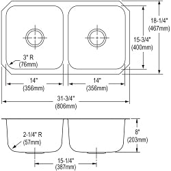 Elkay® DCFU3118 Dayton® Kitchen Sink, Soft Satin, 14 in Left, 14 in Right L x 15-3/4 in Left, 15-3/4 in Right W Bowl x 5 in Left, 5 in Right D Bowl, 31-3/4 in L x 18-1/4 in W x 8 in H, Undermount Mounting, 18 ga 304 Stainless Steel