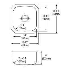 Elkay® DXUH1618 Dayton® Bar Sink, Radiant Satin, Round Shape, 14 in L x 15-3/4 in W Bowl x 8 in D Bowl, 16-1/2 in L x 18-1/4 in W x 8 in H, Undermount Mounting, Stainless Steel