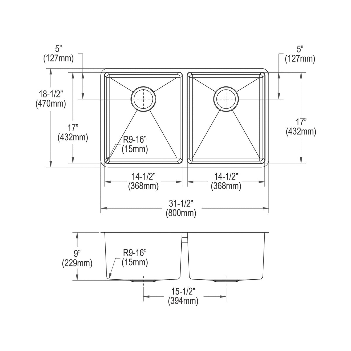 Elkay® ECTRU31179TC Crosstown® Transitional Kitchen Sink Kit, Polished Satin, Rectangle Shape, 14-1/2 in Left, 14-1/2 in Right L x 17 in Left, 17 in Right W Bowl x 9 in Left, 9 in Right D Bowl, 31-1/2 in L x 18-1/2 in W x 9 in H, Undermount Mounting