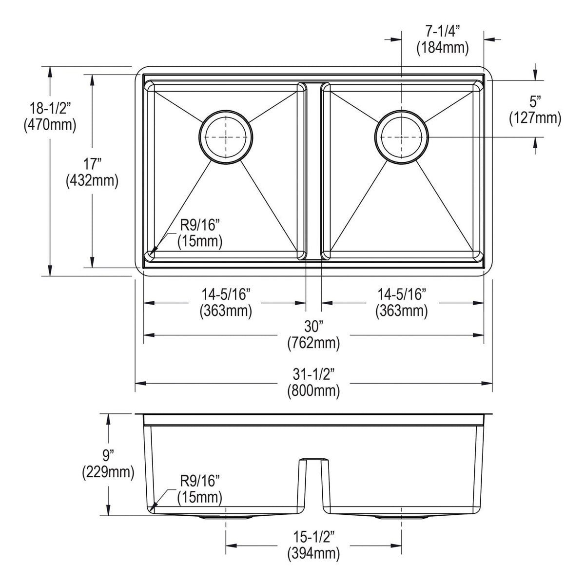 Crosstown - 31-1/2" Kitchen Sink Kit with Aqua Divide