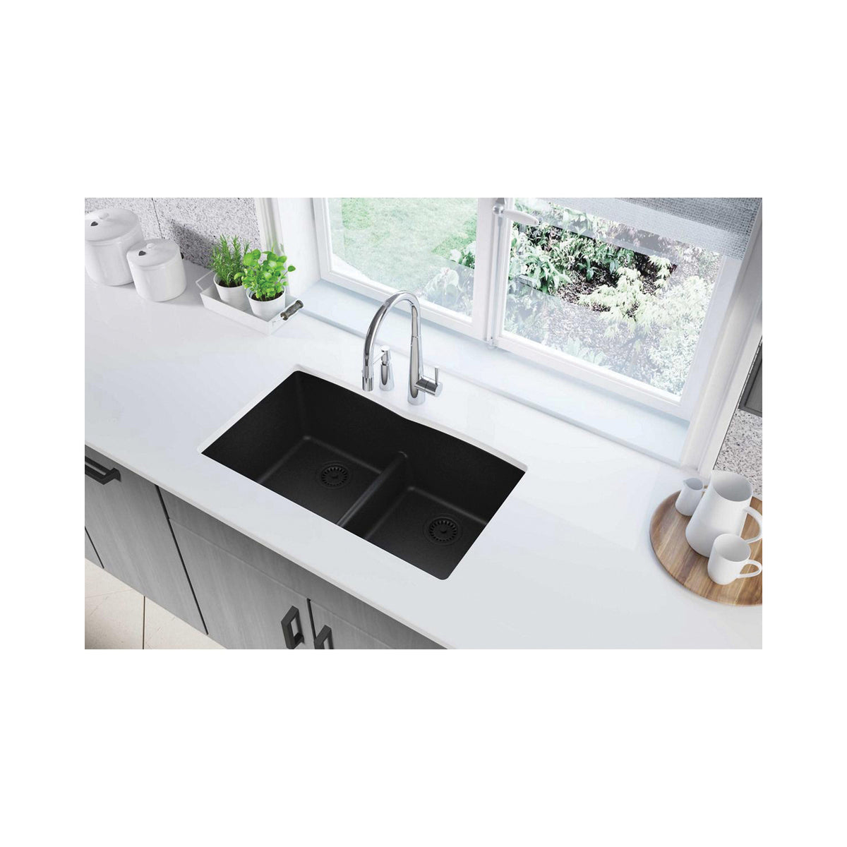 Elkay® ELGDULB3322GY0 Quartz Classic® Traditional Kitchen Sink, Dusk Gray, Rectangle Shape, 15-3/16 in Left, 15-3/16 in Right L x 16-3/4 in Left, 16-3/4 in Right W Bowl x 10 in Left, 10 in Right D Bowl, 33 in L x 19 in W x 10 in H, Undermount Mounting