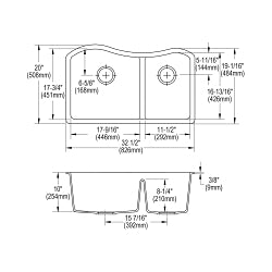Elkay® Luxe® Traditional Kitchen Sink, Rectangle Shape, 17-9/16 in Left, 11-1/2 in Right L x 17-3/4 in Left, 16-13/16 in Right W x 10 in Left, 10 in Right D Bowl, 32-1/2 in L x 20 in W x 10 in H, Under Mount, Quartz
