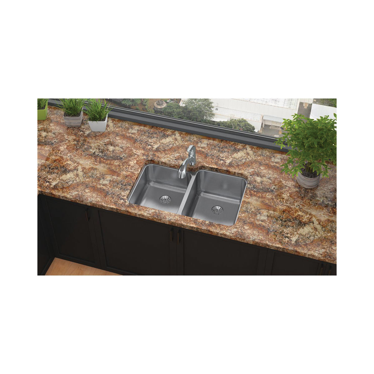 Elkay® ELUH3120LPD Lustertone™ Classic Offset Kitchen Sink, Rectangle Shape, 13-1/2 in Left, 14 in Right L x 16 in Left, 18 in Right W Bowl x 7-7/8 in Left, 9-7/8 in Right D Bowl, 31-1/4 in L x 20-1/2 in W x 9-7/8 in H, Undermount Mounting