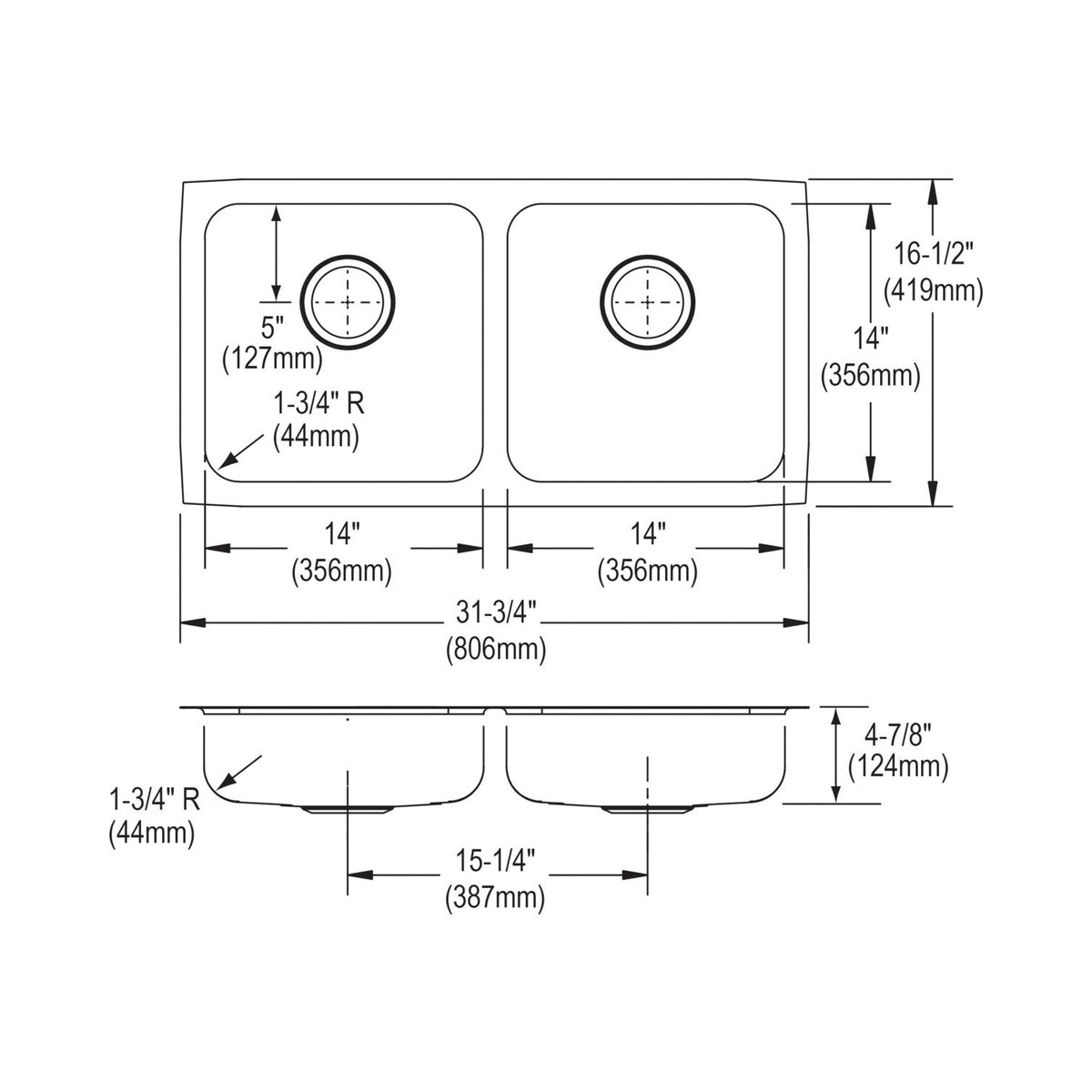 Lustertone - 31-3/4" Kitchen Sink - Undermount - Double Bowl