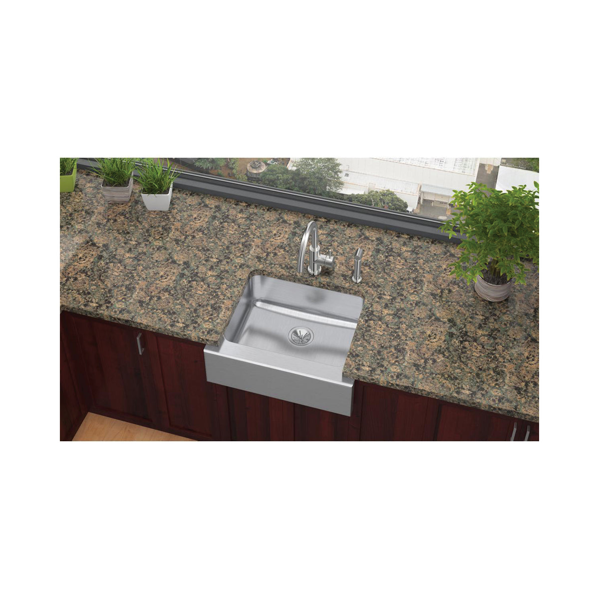Elkay® ELUHF2520 Lustertone™ Apron-Front Kitchen Sink, Bright Satin, Rectangle Shape, 21 in L x 15-3/4 in W x 7-7/8 in D Bowl, 25 in L x 20-1/2 in W x 7-7/8 in H, 18 ga 304 Stainless Steel