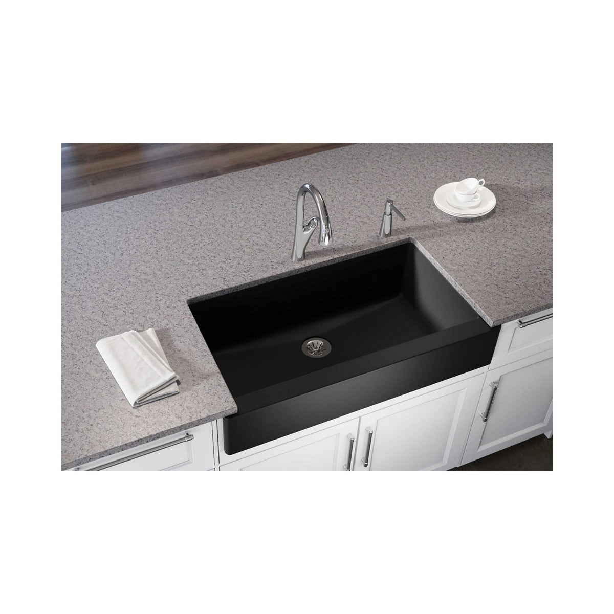 Elkay® ELXUFP3620CA0 Quartz Luxe Traditional Farmhouse Apron Front Kitchen Sink, Rectangle Shape, 20.9075 in W x 10.3259 in H, Quartz, Caviar, Import