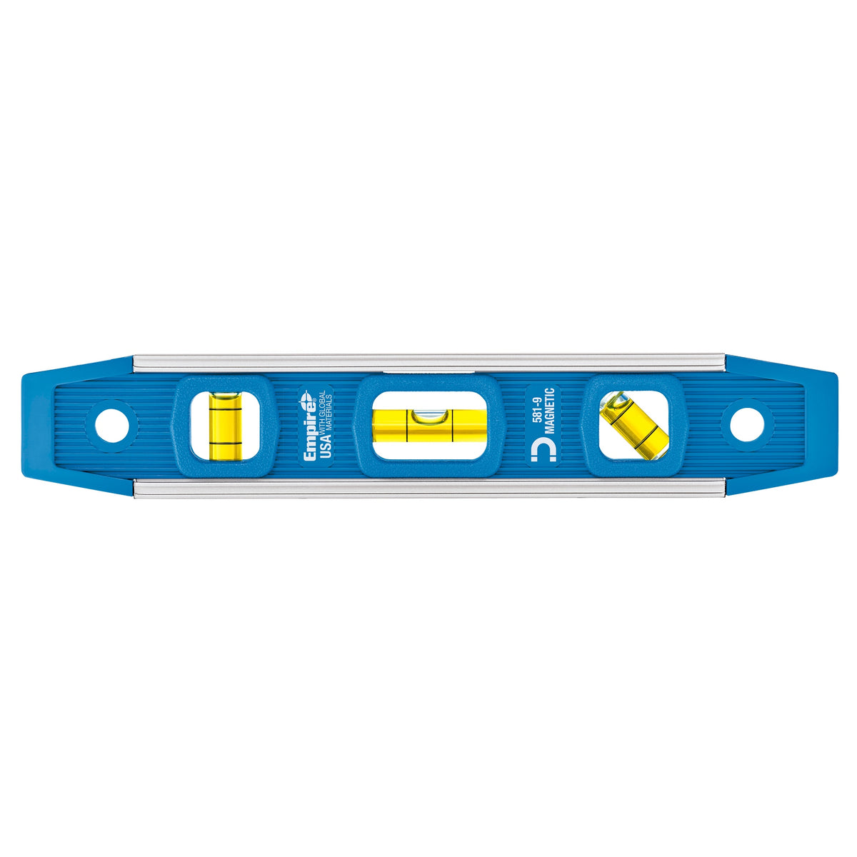 Empire® 581-9 Magnetic Torpedo Level, 9 in L, 3 Vials, Polycast, (1) Level/(1) 45 deg/(1) Plumb Vial Position, 0.001 in Accuracy