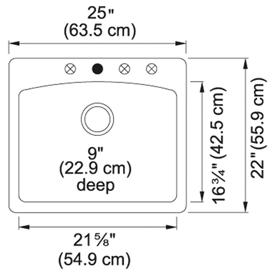 FRANKE ESOX25229-1 Ellipse Kitchen Sink, Rectangular Shape, 4 Faucet Holes, 22 in L x 25 in W x 9 in D, Dual Mounting, Granite, Onyx