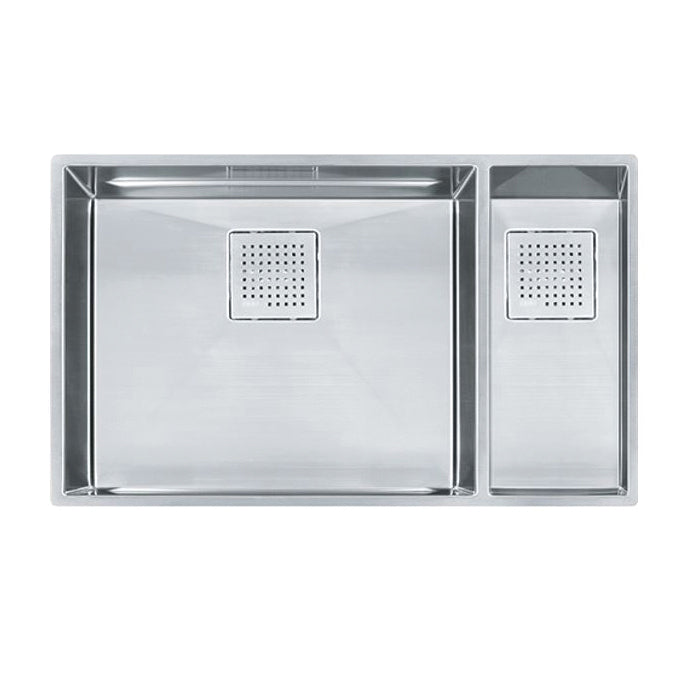 FRANKE PKX160 Peak Kitchen Sink, Diamond, Rectangular Shape, 21-5/8 in Large, 7-1/8 in Small L x 16-1/2 in W Bowl x 9-5/8 in Large, 7-1/8 in Small D Bowl, 30-7/8 in L x 17-3/4 in W, Undermount Mounting, 16 ga Stainless Steel
