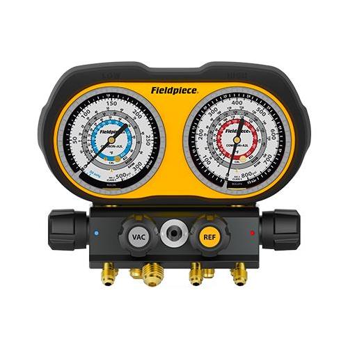 Fieldpiece GS422F 4 Port Analog Gauge Set, 0 to 800 psi High Side, 30 inHg to 500 psi Low Side Pressure, (3) 1/4 in Standard SAE Male Flare Fitting, (1) 3/8 in Standard SAE Male Flare Fitting Connection, +/-1 % Accuracy