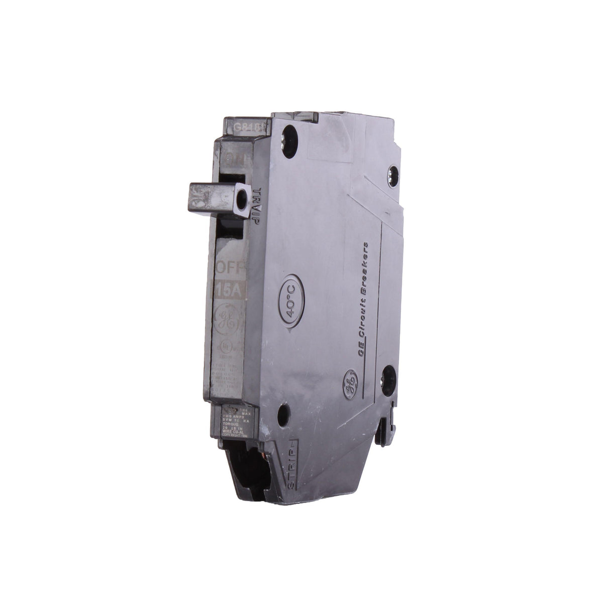GE Q-Line® THQP115 Type THQP Molded Case Circuit Breaker, 120/240 VAC, 15 A, 10 kA Interrupt, 1 Pole, Thermal Magnetic Trip