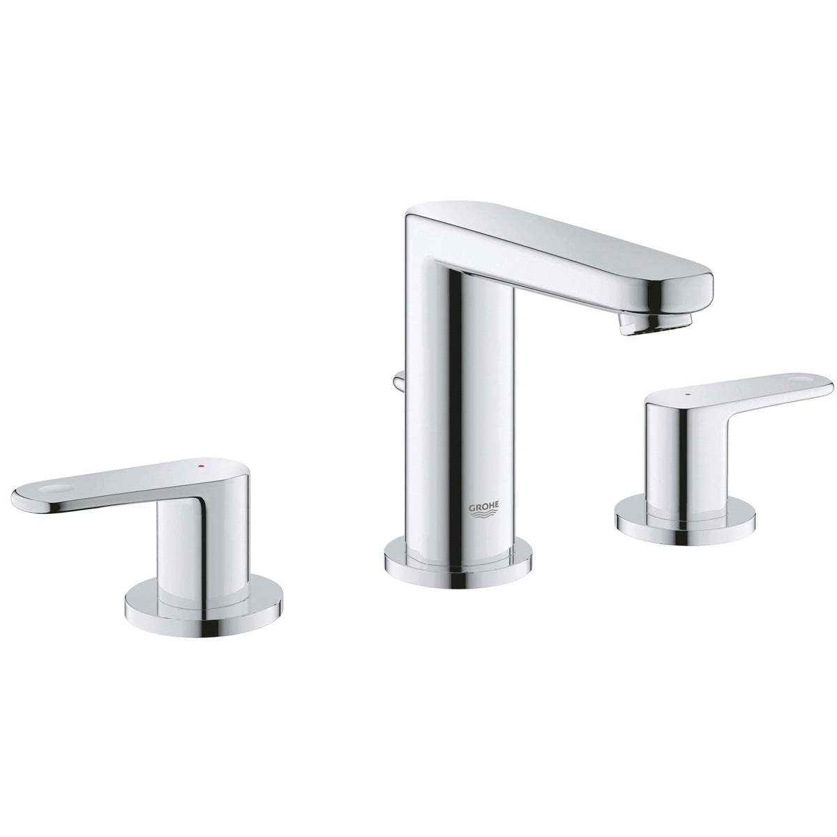 GROHE 2030200A Europlus S-Size Widespread Bathroom Faucet, 1.2 gpm Flow Rate, 4-5/16 in H Spout, 5-1/2 to 13-3/8 in Center, StarLight® Polished Chrome, 2 Handles, Pop-Up Drain, Import