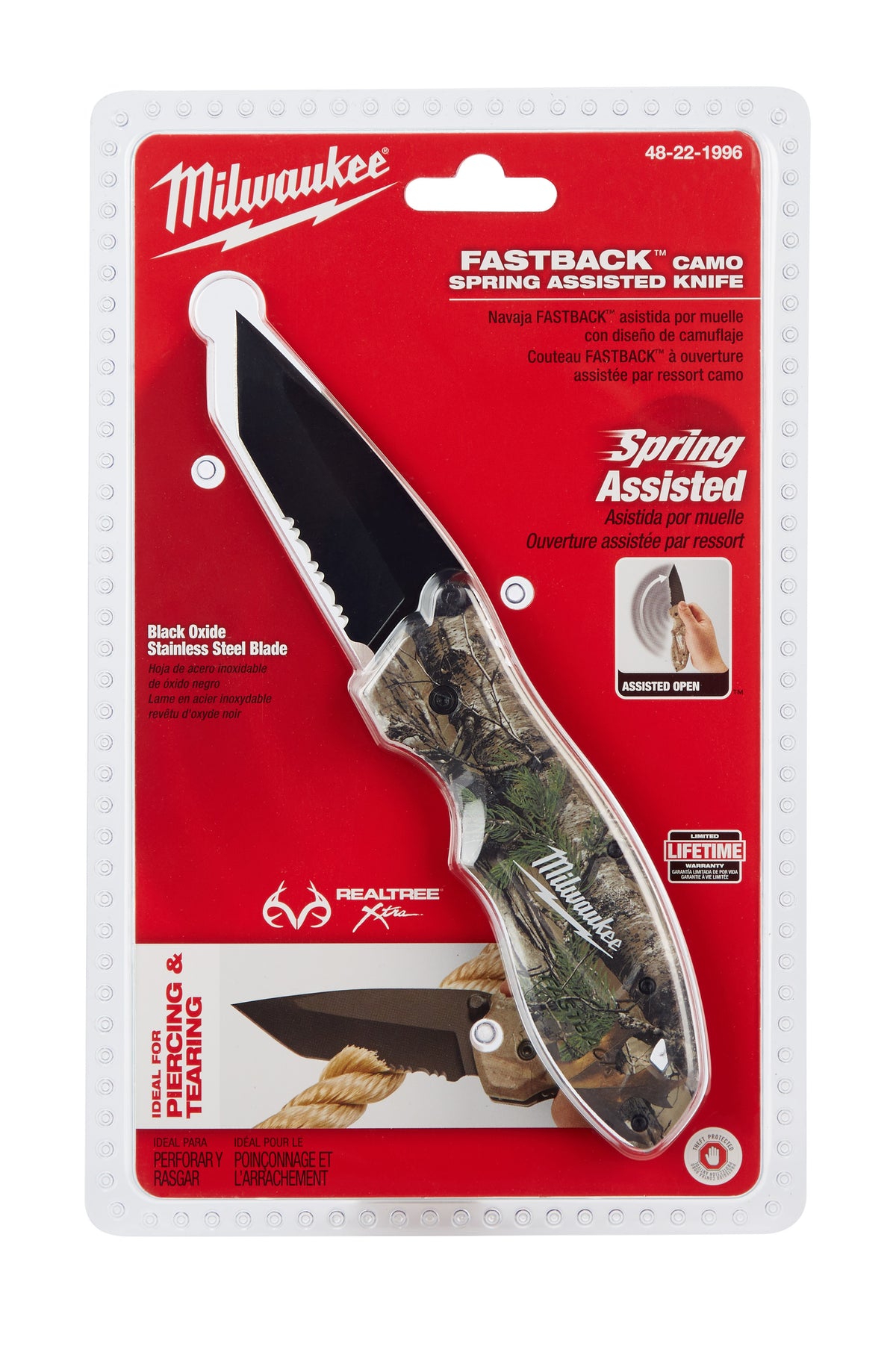 Milwaukee® Fastback™ 48-22-1996 Camo Spring Assisted Knife, Stainless Steel Clip Point Serrated Blade, 3 in L Blade