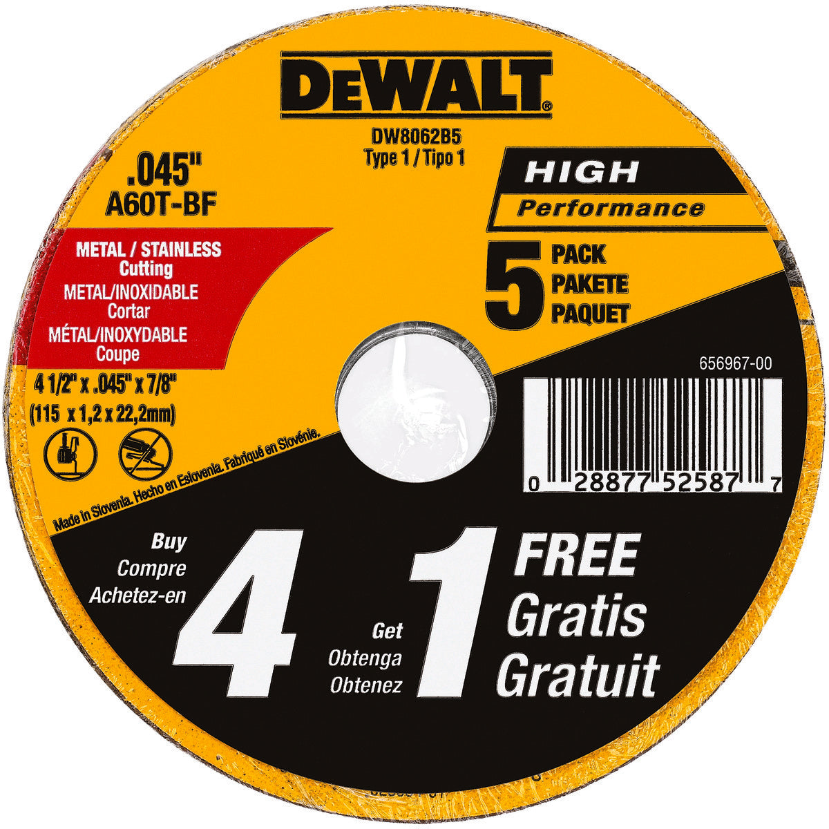 DeWALT® HP™ DW8062B5 Type 1 Thin Cut Cut-Off Wheel, 4-1/2 in Dia x 0.045 in THK, 7/8 in Center Hole, 60 Grit, Aluminum Oxide Abrasive