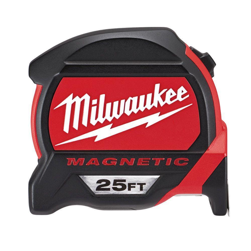Milwaukee® 48-22-7125B Magnetic Measuring Tape, 25 ft L x 1 in W Blade, Steel Blade, 1/16 in Graduation