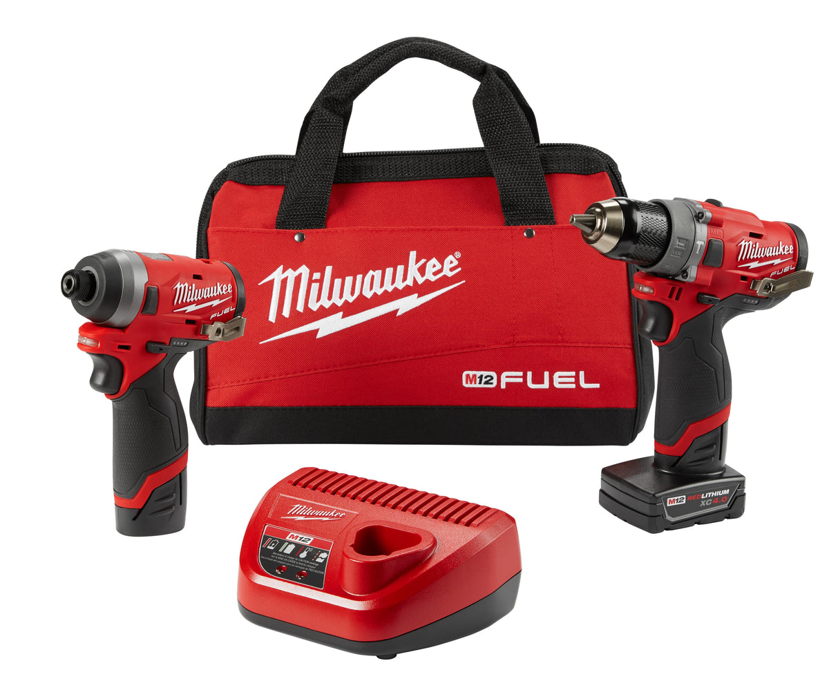 Milwaukee® M12™ FUEL™ 2598-22 Cordless Combination Kit, Tools: Hammer Drill/Driver, Impact Driver, 12 V AC, 2/4 Ah Lithium-Ion, Pistol Grip Handle