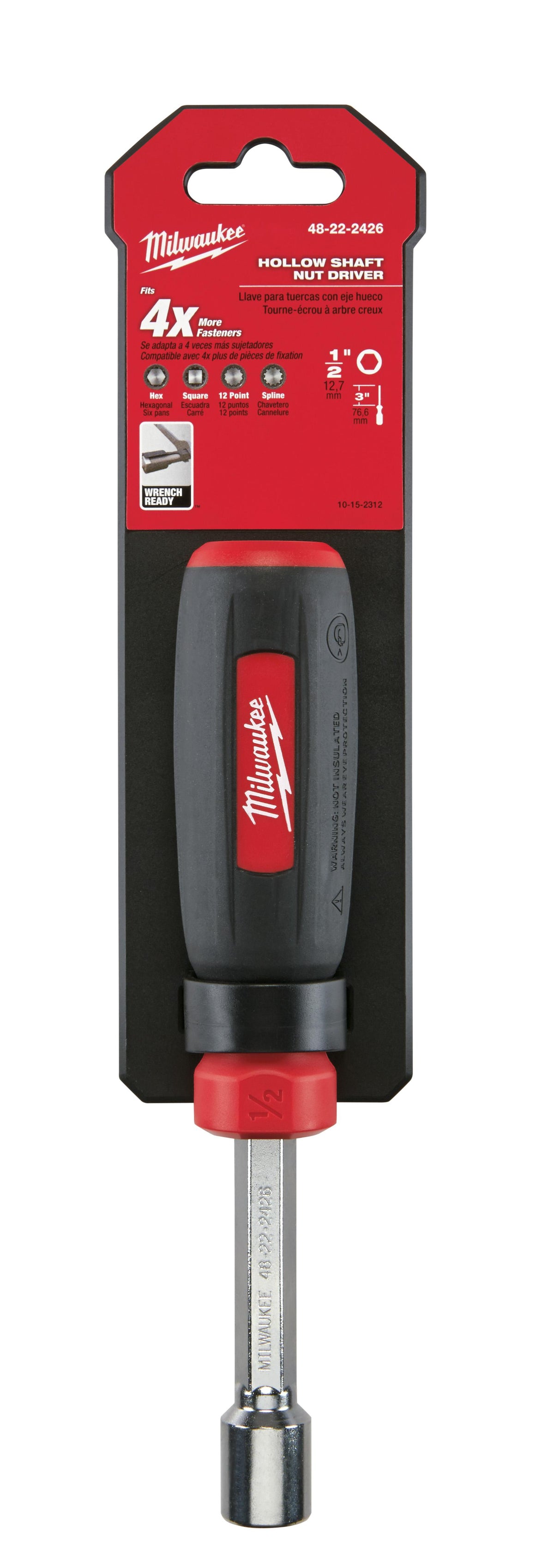 Milwaukee® 48-22-2426 Nut Driver, 1/2 in, Hex/Hollow Shank, Black/Red Cushion Grip Handle, Polished Chrome