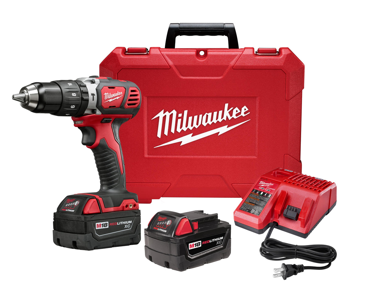 Milwaukee® M18™ 2607-22 Hammer Drill/Driver Kit, 1/2 in Metal Single Sleeve Ratcheting Lock Chuck, 18 V DC, 400/1800 rpm No-Load, Li-Ion Battery