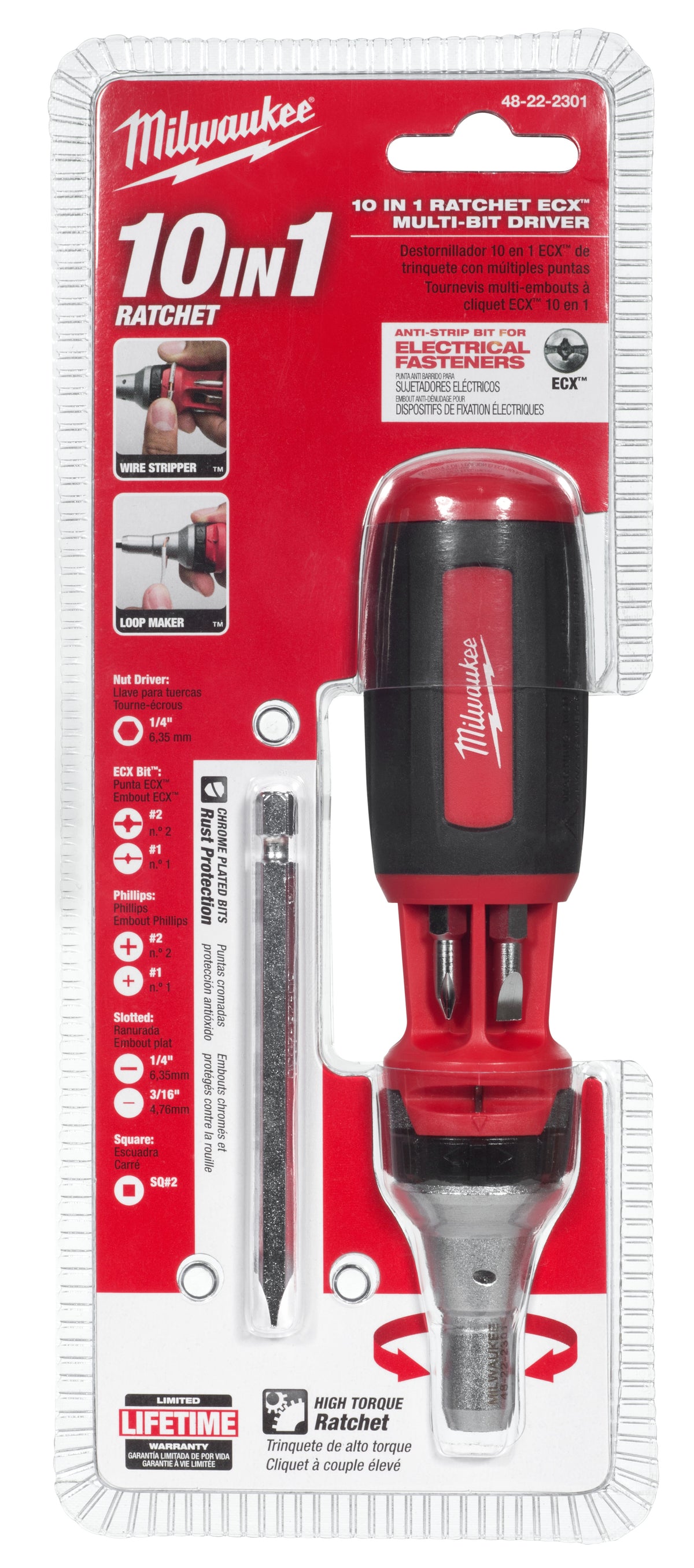 Milwaukee® 48-22-2301 10-in-1 1-Ended Multi-Bit Screwdriver, 8 Pieces, Ergonomic Grip Handle, Steel