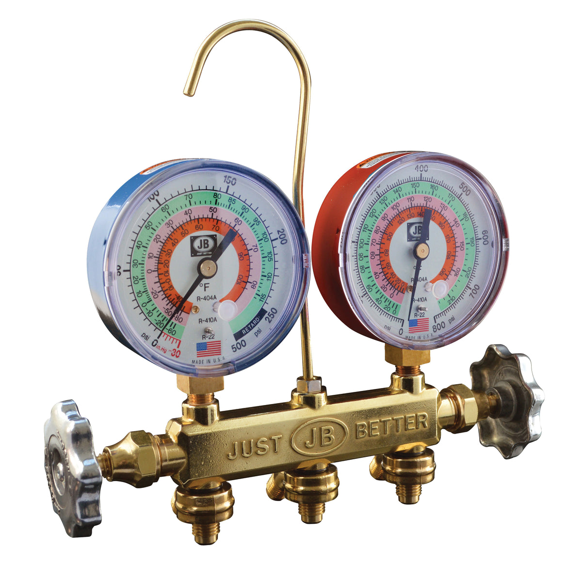 JB Industries 22225 PATRIOT® 2-Valve Charging Manifold, For Use With R-22, R-404A, R-410A Refrigerant, Brass, Domestic