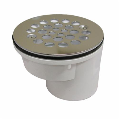 Jones Stephens™ D41600 Offset Round Shower Stall Drain With Stainless Steel Strainer, 2 in, 4-1/4 in Stainless Steel Grid, PVC Drain, Domestic