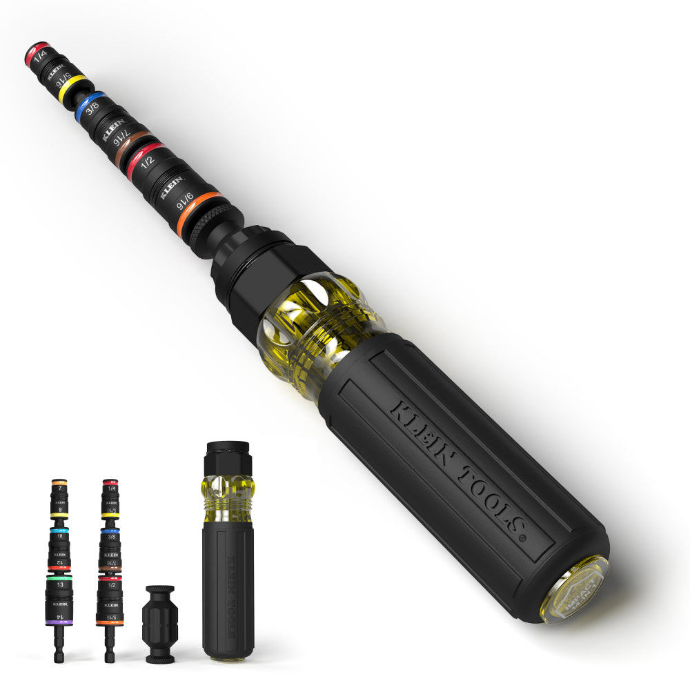 Klein® 32914HD Flip Socket Multi-Bit Nut Driver, Metric/SAE, 6 Points, 1/4 in Drive, 10 Pieces, Hex, Included Socket Size: 1/4 in, 5/16 in, 3/8 in, 7/16 in, 1/2 in, 9/16 in, 7 mm, 8 mm, 10 mm, 12 mm, 13 mm, 14 mm
