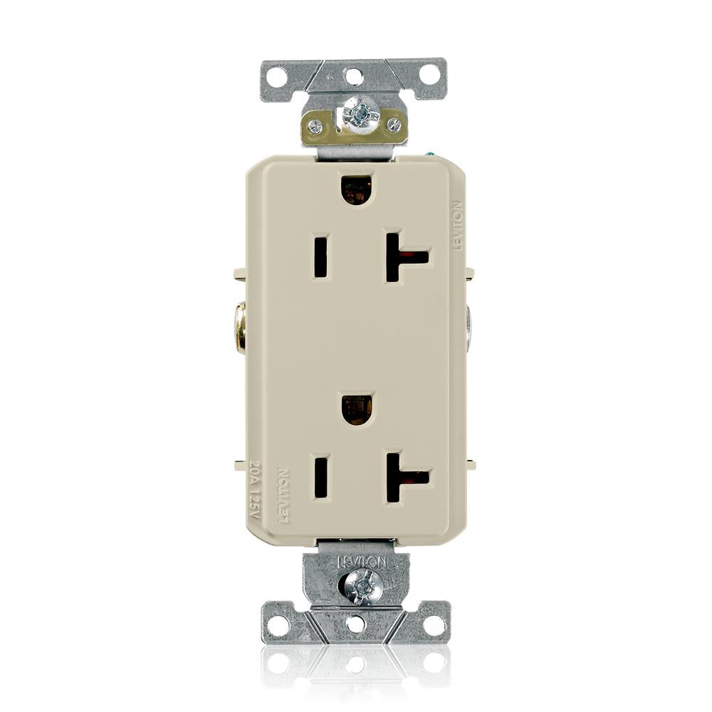 Leviton® 16342-I Heavy Duty Self Grounding Straight Blade Duplex Receptacle, 125 V AC, 20 A, 2 Poles, 3 Wires, Ivory