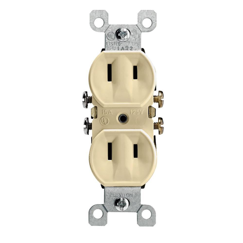 Leviton® 223-I Duplex Non-Grounding Traditional Straight Blade Receptacle, 125 V AC, 15 A, 2 Poles, 2 Wires, Ivory