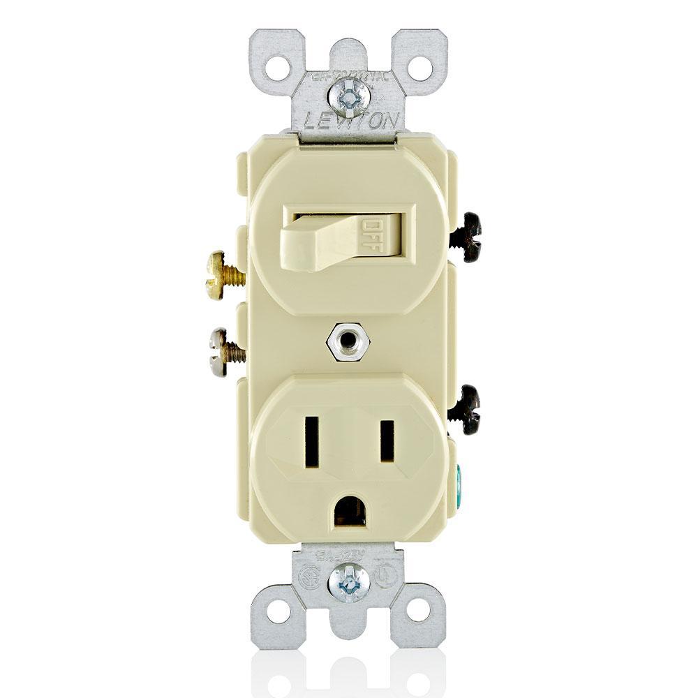 Leviton® 5225-T Duplex Combination Switch and Receptacle, 15 A, 120/277 V AC, 1/2 hp at 120 V AC, 2 hp at 240/277 V AC, 1 Poles, 3 Wires, 14 to 12 AWG Wire
