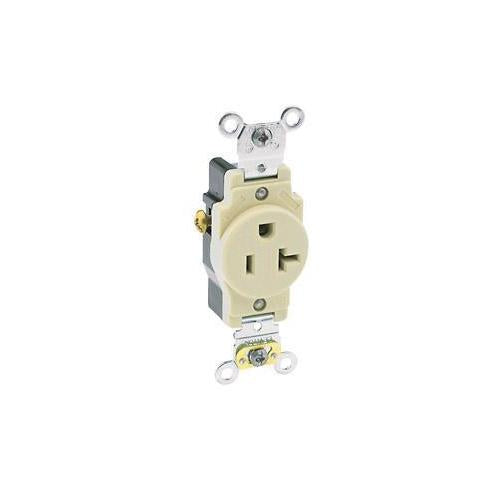 Leviton® 5351-I 1-Phase Heavy Duty Self-Grounding Single Straight Blade Receptacle, 125 V AC, 20 A, 2 Poles, 3 Wires, Ivory