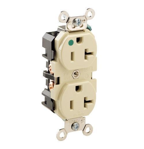 Leviton® 8300-I 1-Phase Duplex Extra Heavy Duty Straight Blade Receptacle, 125 V AC, 20 A, 2 Poles, 3 Wires, Ivory