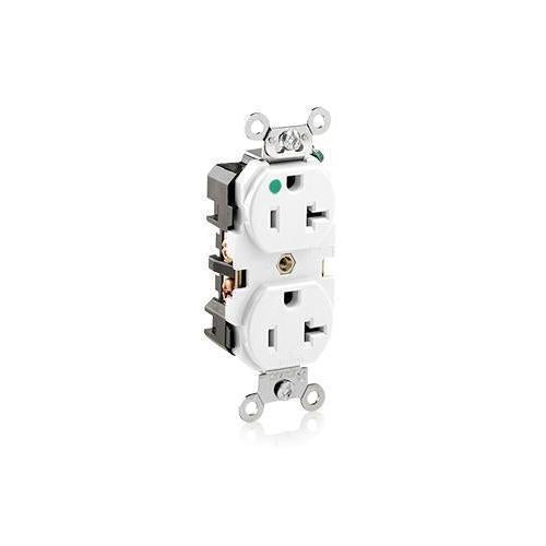 Leviton® 8300-W 1-Phase Duplex Extra Heavy Duty Straight Blade Receptacle, 125 V AC, 20 A, 2 Poles, 3 Wires, White