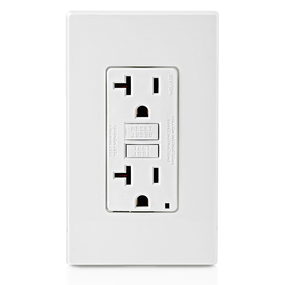 Leviton® SmartlockPro® Slim® GFNT2-W Feed Through Monochromatic Non-Tamper Resistant Self-Test Standard Duplex GFCI Receptacle With LED Indicator, 125 V AC, 20 A, 2 Poles, 3 Wires, White
