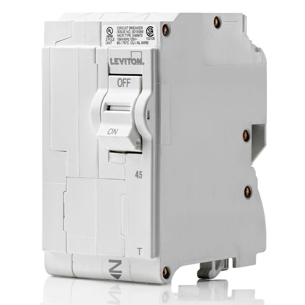 Leviton® LB245-T Standard Circuit Breaker With Instruction Sheet, 120/240 V AC, 45 A, 10 kA Interrupt, 2 Poles