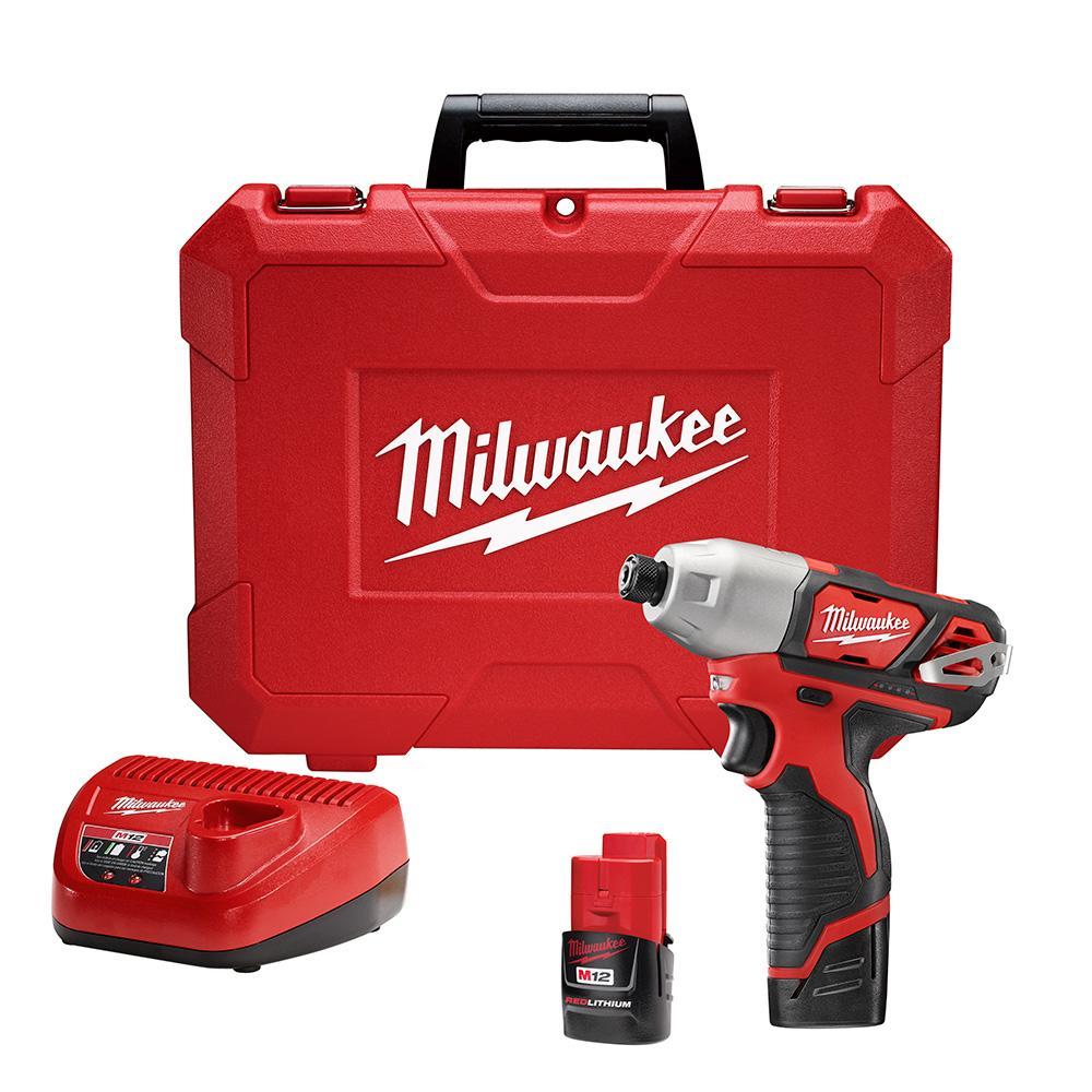 Milwaukee® M12™ 2462-22 Compact Lightweight Cordless Impact Driver Kit, 1/4 in Hex Drive, 0 to 3300 bpm, 1000 in-lb Torque, 12 V AC, 6-3/8 in OAL