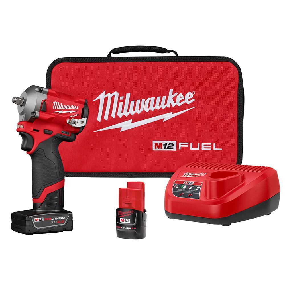 Milwaukee® M12™ 2554-22 Stubby Cordless Impact Wrench Kit, 3/8 in Straight Drive, 3200 bpm, 250 ft-lb Torque, 12 V DC, 4.8 in OAL